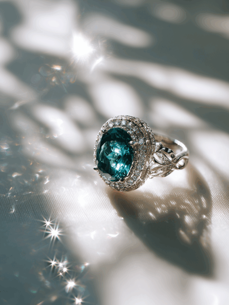 Platinum Halo Ring with Deep Teal Tourmaline in Golden Hour Light