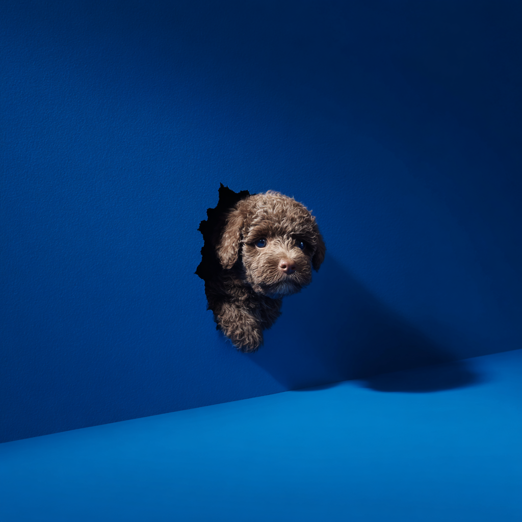 Gentle Pup Emerging from a Blue Star-shaped Opening