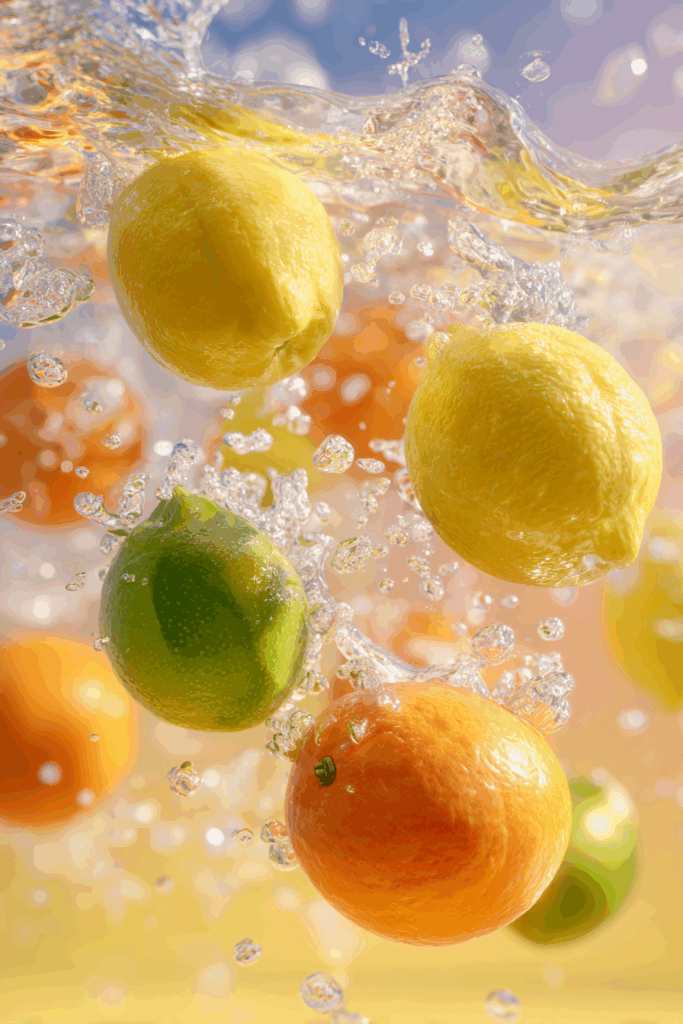 Dynamic Shot of Citrus Fruits Plunging into Crystal Clear Water