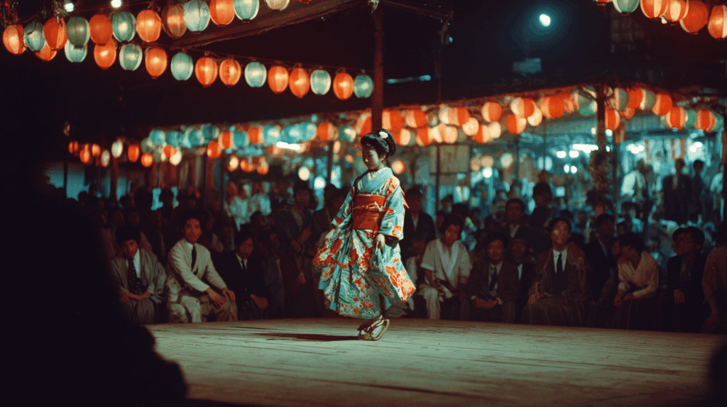 1960年代の地元の祭りで伝統的な舞を披露する若い日本の女の子