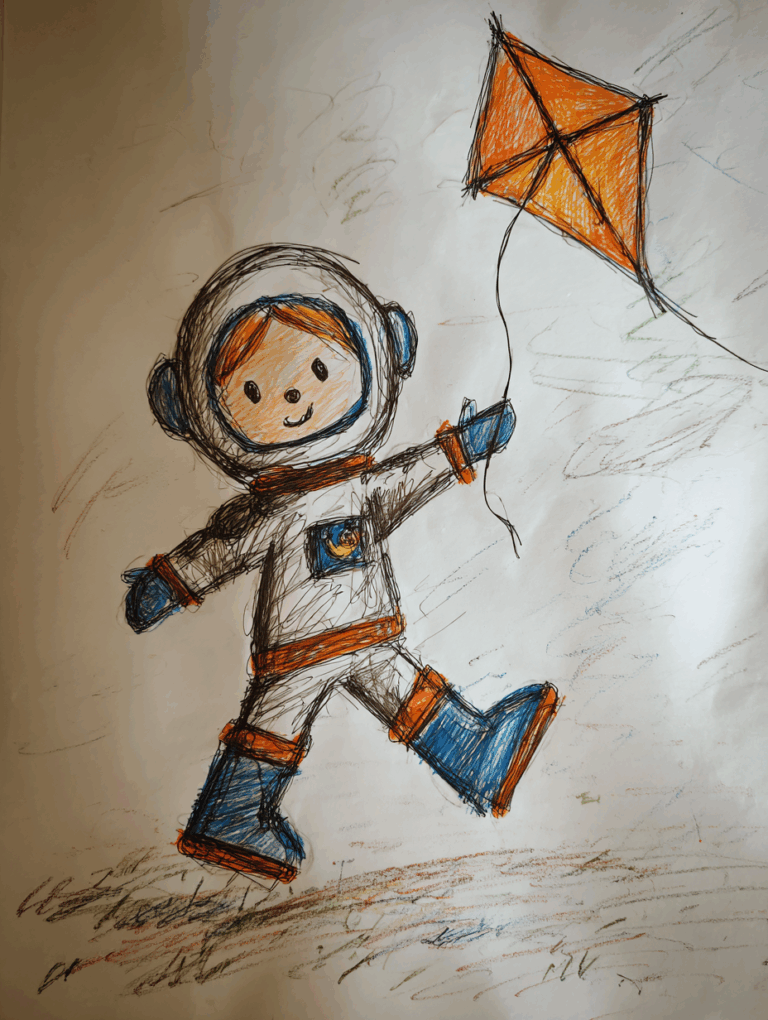 아이 같은 크레파스 그림, 공원에서 연을 날리는 우주인