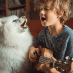A musical moment between a child and a pet