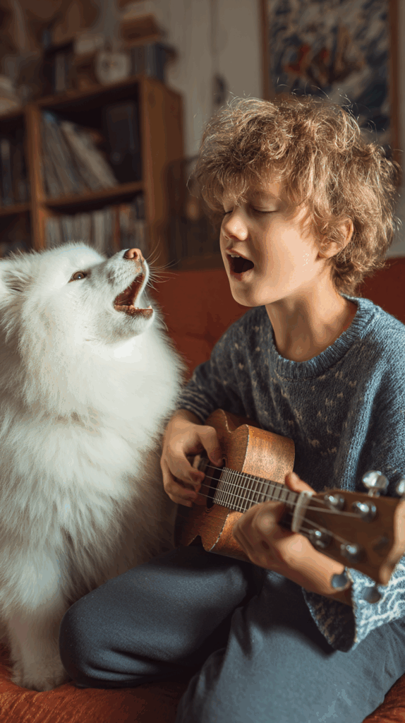A musical moment between a child and a pet