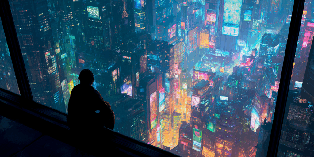 Ultra HD image 16:9, futuristic cityscape, perspective from a skyscraper, a man contemplating the neon-lit city