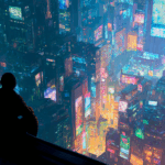 Ultra HD image 16:9, futuristic cityscape, perspective from a skyscraper, a man contemplating the neon-lit city