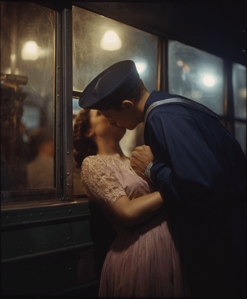 Vintage Encounter at Bus Terminal, Late 1950s