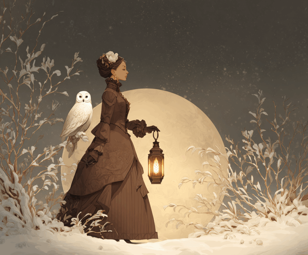 Artistic Illustration of a Lady with a Snowy Owl