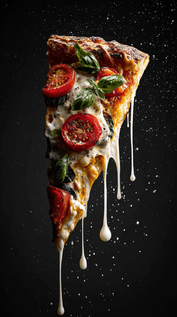 Levitating Gourmet Pizza Slice in Monochrome Setting